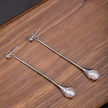 Настоящее серебро S925, персонализированные простые длинные серьги с пресноводным жемчугом, женственные модные темпераментные элегантные ювелирные изделия, подарки