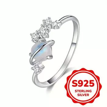 Настоящее серебро S925 пробы неправильной формы кольца со звездами для женщин кольцо с белым цирконием и лунным камнем изысканные ювелирные изделия подарок на День святого Валентина 6 серебряный
