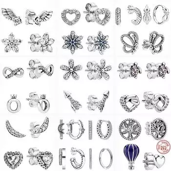 Настоящее серебро S925, сердце, стрела, перо, снежинка, звезда, луна, циркон, серьги с фианитом, подходят для бренда, очаровательные женские модные ювелирные изделия, подарок