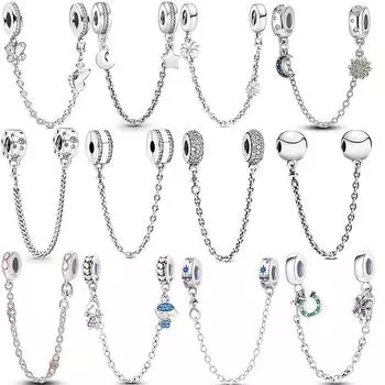Настоящее серебро S925, защитные цепочки со звездами и луной и подсолнечником, разделительные бусины, подвески, подходят для S925, оригинальные браслеты, ювелирные изделия своими руками
