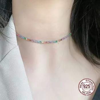 Настоящее серебряное радужное колье 27 + 10 см, теннисная цепочка, полное 2,5 мм, разноцветное ожерелье с цирконом, милое ожерелье, ювелирные украшения для девочек