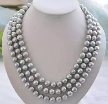 Настоящее трехрядное ожерелье с серым жемчугом Южного моря толщиной 8–9 мм.