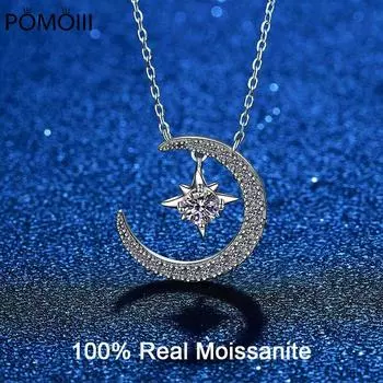 Настоящее женское ожерелье Vvs1 из муассанита, стерлингового серебра 925 пробы, лунная звезда, бриллиантовое ожерелье с подвеской 0,3 карата, свадебные украшения 45cm