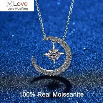 Настоящее женское ожерелье Vvs1 из муассанита, стерлингового серебра 925 пробы, лунная звезда, бриллиантовое ожерелье с подвеской 0,3 карата, свадебные украшения 45cm