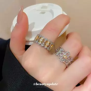 Настоящее золотое гальваническое полосатое контрастное открытое кольцо - модные роскошные украшения для женщин 2# Ring-Flower