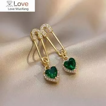 Настоящее золотое покрытие французские элегантные скрепки зеленые циркониевые серьги с подвеской Love роскошные женские свадебные аксессуары для вечеринки белый