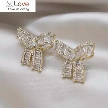 Настоящее золотое покрытие, корейский дизайн, модные ювелирные изделия, роскошные серьги-бантики из циркония, элегантные женские аксессуары для свадебной вечеринки белый