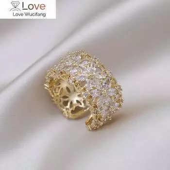 Настоящее золотое покрытие, корейский новый дизайн, модные ювелирные изделия, роскошные кольца с цветком циркона, элегантные женские аксессуары для свадебной вечеринки Resizable белый