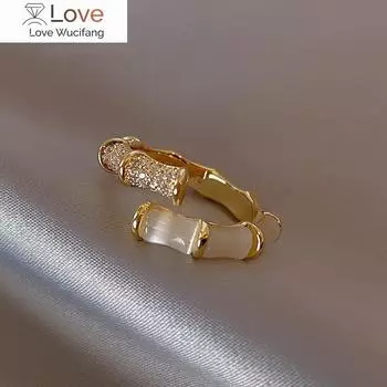 Настоящее золотое покрытие, корейский новый дизайн, модные украшения, роскошное бамбуковое кольцо с цирконом и опалом, элегантное женское повседневное рабочее открытое кольцо, аксессуары Resizable чёрный