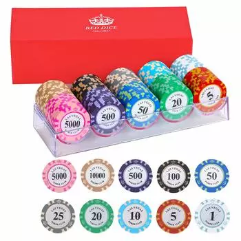 Настоящие фишки казино Red Dice, профессиональные характеристики, набор из 100 штук, типы x 10, поставляется с эксклюзивным прозрачным футляром для хранения игровых фишек для покера