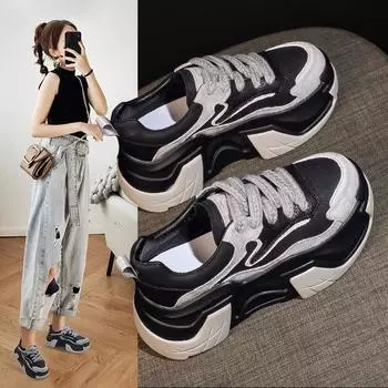 Настоящие кожаные громоздкие кроссовки женские весенние новые толстые стельки увеличивающие рост женские туфли легкие повседневные спортивные туфли 35