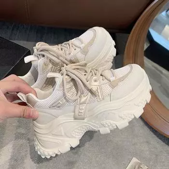 Настоящие кожаные громоздкие кроссовки женские весенние новые сетчатые на платформе увеличивающие рост повседневные кроссовки маленькие женские туфли 35