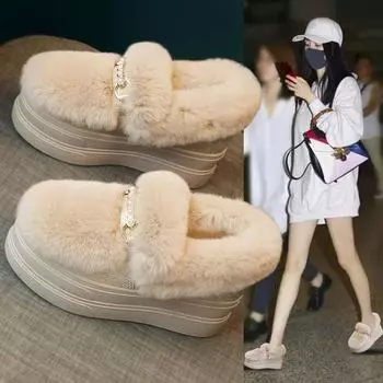 Настоящие кролики зимние ботинки женские на танкетке слипоны зимние ботинки однотонные короткие замшевые туфли с цепочкой и жемчугом на платформе женские 35 чёрный