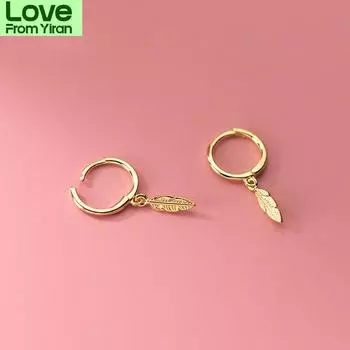 Настоящие серьги-кольца из стерлингового серебра 925 пробы с изображением счастливых листьев дерева, 14-каратное золото, подвеска-подвеска для женщин, ювелирные изделия, новинка