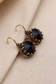 Настоящие серьги с круглыми черными камнями