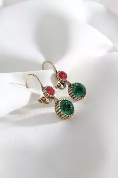 Настоящие серьги с круглыми зелено-красными камнями