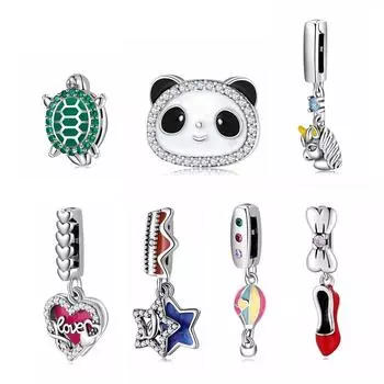Настоящие серебряные клипсы 925 пробы, бусины, подвески, панда, воздушный шар, черепаха, подходят для оригинального браслета Reflexions, подвески, изготовление ювелирных изделий