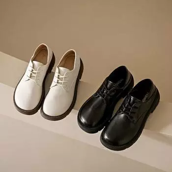 Настоящие женские туфли из мягкой кожи, весна и осень, новые маленькие кожаные туфли в британском стиле, универсальные туфли-лодочки на низком каблуке с круглым носком, на шнуровке для женщин 35 чёрный