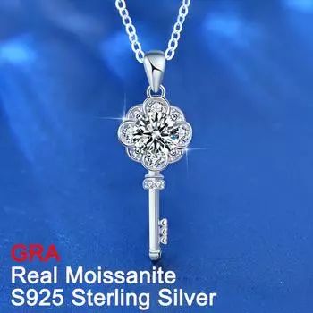 Настоящий 1 карат D Цвет Муассанит Ключ Подвеска Ожерелье для Женщин Стерлингового Серебра S925 Цепочка На Шею Ювелирные Изделия Пройти Алмазный Тест 45cm