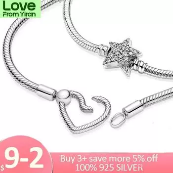 Настоящий браслет из стерлингового серебра 925 пробы, браслет-цепочка в форме сердца и змеи, для женщин, подходит для изготовления ювелирных изделий в виде бусин с подвесками 18cm звезда