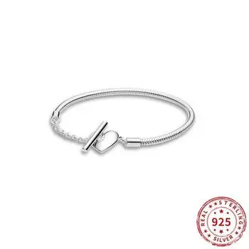 Настоящий браслет с сердечком из стерлингового серебра 925 пробы, подходит для оригинального женского браслета с бусинами Pan, ювелирные изделия 20cm