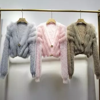 Настоящий мех лисы свитер сращивание меха женский короткий кардиган куртка вязаный свитер шерсть 2024 осень новый one size fits all розовый