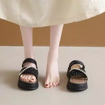 Наступая на дерьмо сандалии женские лето 2025 новые туфли на каблуке-бублике лифт фея ветер толстая подошва два износа сандалии мягкая подошва половина сопротивления 35