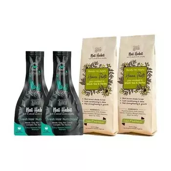 Nat Habit Готовая к применению паста из хны и питательная маска с кунжутом и карри — идеальное сочетание для контроля за вьющимися волосами (Комбинированный набор из 4 штук)