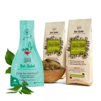 Nat Habit Готовая к применению паста из хны и маска для волос Tri Leaf NutriMask — идеальное сочетание для глубокого кондиционирования волос (Комбо-пакет из 3 шт.)