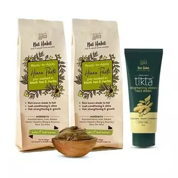 Nat Habit Готовый к применению состав из хны и осветляющего убтана для умывания лица для мужчин и женщин. Естественное сияние, насыщенный темно-коричневый оттенок. Подходит (Комбо-пакет из 3 шт.)