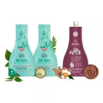 Nat Habit Маска для волос и маска для лица Combo Crushed Tri-Leaf NutriMask и Chandan Nagakesar Lepa для мужчин и женщин, контроль выпадения волос (Комбо-пакет из 3 шт.)