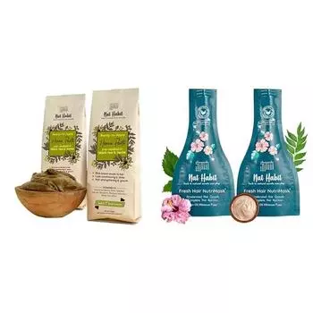 Nat Habit - Свежая, готовая к применению паста из хны (Упаковка 2 х 220 г) и Nat Habit Five Oil Hibiscus NutriMask-Маска для волос для всех типов волос (Упаковка 2 х 40 г)