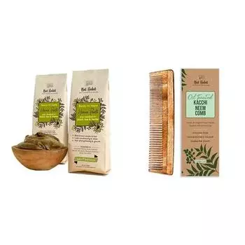 Nat Habit - Свежая, готовая к применению паста из хны (Упаковка 2 х 220 г) и деревянная расческа Nat Habit Kacchi Neem (Двойной зуб)