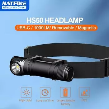 NATFIRE HS50 Налобный фонарь с аккумулятором 2600 мАч, 1000 лм, светодиодный, USB C, перезаряжаемый, магнитный, с хвостом, для работы в лагере black
