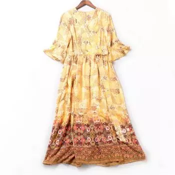 National Style Abstract Color Circle Printing Dress Yellow S