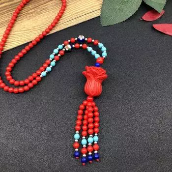 National style cinnabar cloisonne necklace classical long fringed women s sweater chain accessories Ping An natal year pendant