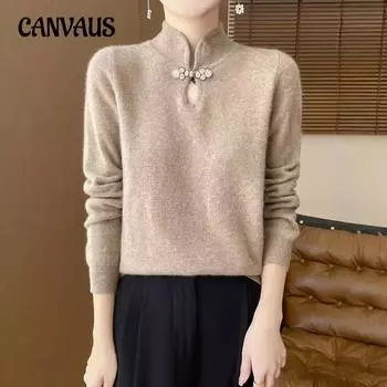 Женский тонкий внутренний свитер с воротником-стойкой и дисковыми пуговицами в национальном стиле с длинными рукавами S верблюд