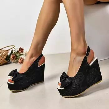 National style embroidered shoes National style sandals New Chinese thick-soled muffin bottom slope heel open toe rear empty fish mouth buckle belt wo 35 чёрный