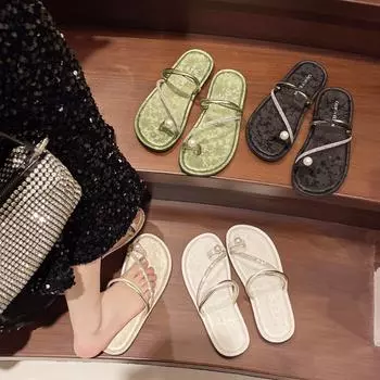 National style French flat-bottomed cool slippers women s summer wear 2024 new maternity soft-soled slippers beach sandals 35 бежевый