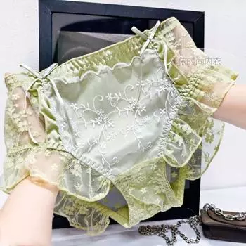 Нижнее белье из сетки и кружева в национальном стиле для женщин, сексуальное с вышивкой, дышащее и легкое, персонализированные трусики-треугольники со сладким бантом-бабочкой для девочек M
