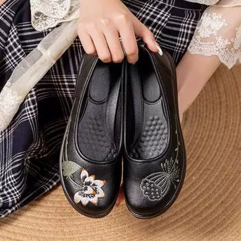 National style one-pedal elderly shoes comfortable single shoes women s genuine leather ethnic style women s leather shoes spring and autumn m 35