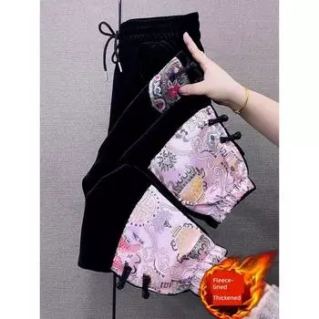 National Style Winter Fleece-lined High Waist Loose Soft Pants Fleece-lined Pink M