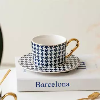 National Trend Houndstooth Ceramic Cup Gold Trawn Hand Trapped Coffee Cup with Spoon Mug Water Cup Men and Women Flower Tea Cup 180ml