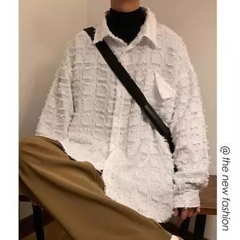 National Trend Пара Американский стиль Маленький логотип Клетчатая кисточка Свободная рубашка с длинным рукавом Куртка M серый