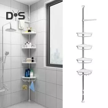 Натяжная стойка для душа из нержавеющей стали, 4-х уровневые регулируемые полки, быстрая установка, угловая душевая кабина, нержавеющая стойка для хранения белый
