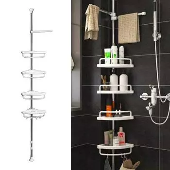 Натяжная стойка для душа из нержавеющей стали, 4-х уровневые регулируемые полки, быстрая установка, угловая душевая кабина, нержавеющая стойка для хранения белый