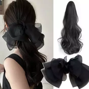 Natunofu Hair Ponytail Half Added Added Curly Curly Added Women Парик, Конский хвост, Лента, Аксессуар, Бант, Парик на заколках, Женский, Парик, Волосы, Волосы, чёрный