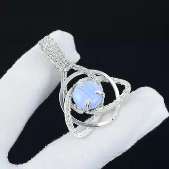 Natura Blue Sheelite Gemstone Silver Pendant in 925 Sterling Silver- Handmade Design, Celtic Family Knot Wire Wrapped Everyday Jewelry, Easter Gifts 2.16 синий