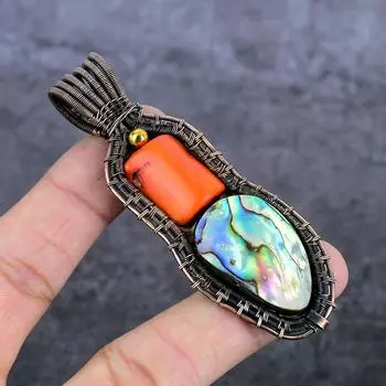 Natural Abalone Shell, Coral Copper Wire Wrap Jewelry Pendant 3.39 i1v26