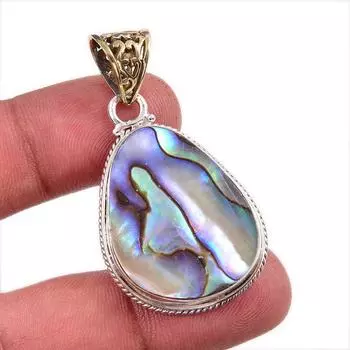 Natural Abalone Shell Gemstone 925 Solid Sterling Silver Jewelry Pendant 2 q1J34
